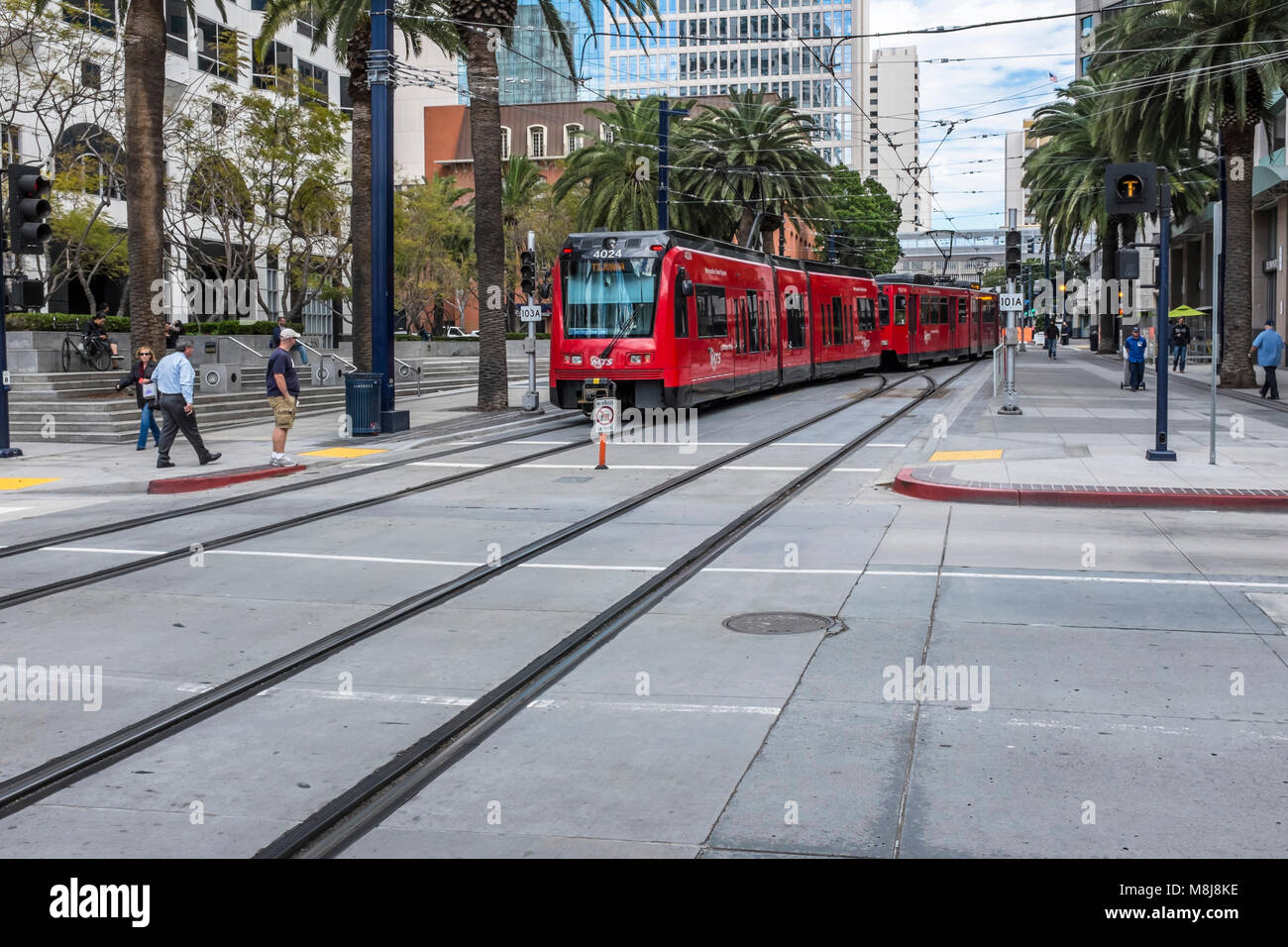SAN DIEGO, CALIFORNIA, USA - Red Trolley train of the San Diego Metropolitan Transit System in the Downtown sector of the city. Stock Photo