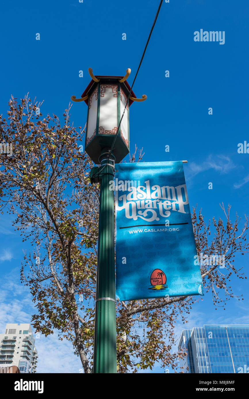 SAN DIEGO, CALIFORNIA, USA - Street lamp and signage in the historic Gaslamp Quarter area of the city. Stock Photo