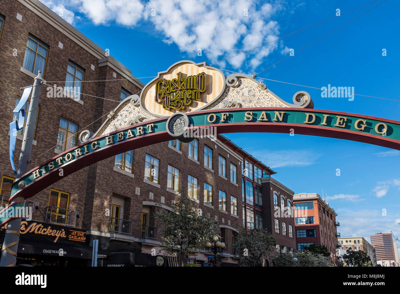 SAN DIEGO, CALIFORNIA, USA - Gaslamp Quarter entrance sign on Fifth Avenue in the historic heart of Downtown San Diego. Stock Photo