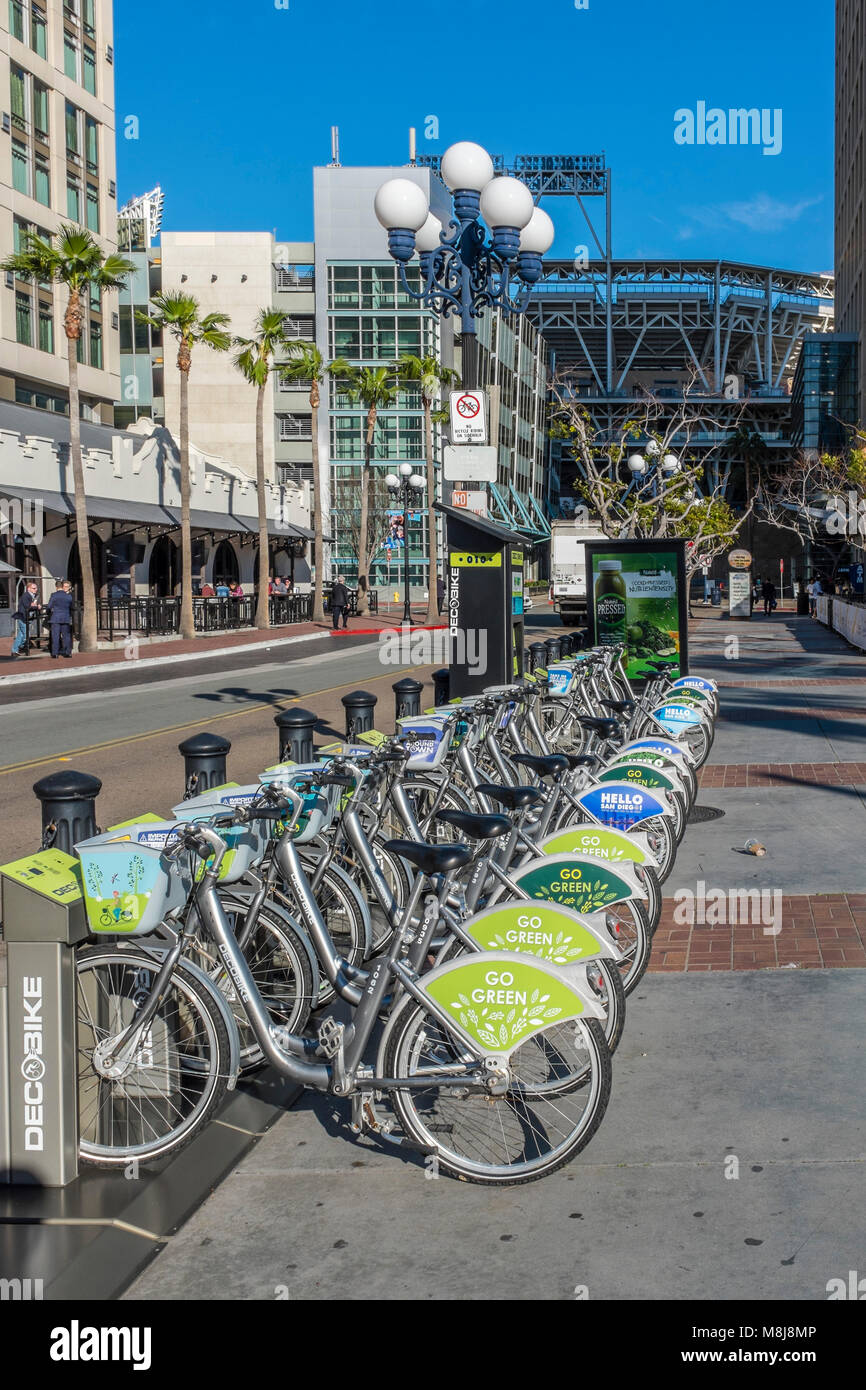 SAN DIEGO, CALIFORNIA, USA - Public hire bikes in the historic Gaslamp Quarter of the Downtown area of the city. Stock Photo