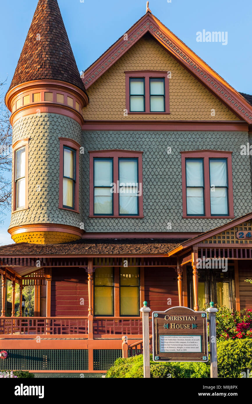 SAN DIEGO, CALIFORNIA, USA - Classic victorian architecture of Christian House in the Heritage County Park, Old Town, San Diego. Build in 1889. Stock Photo