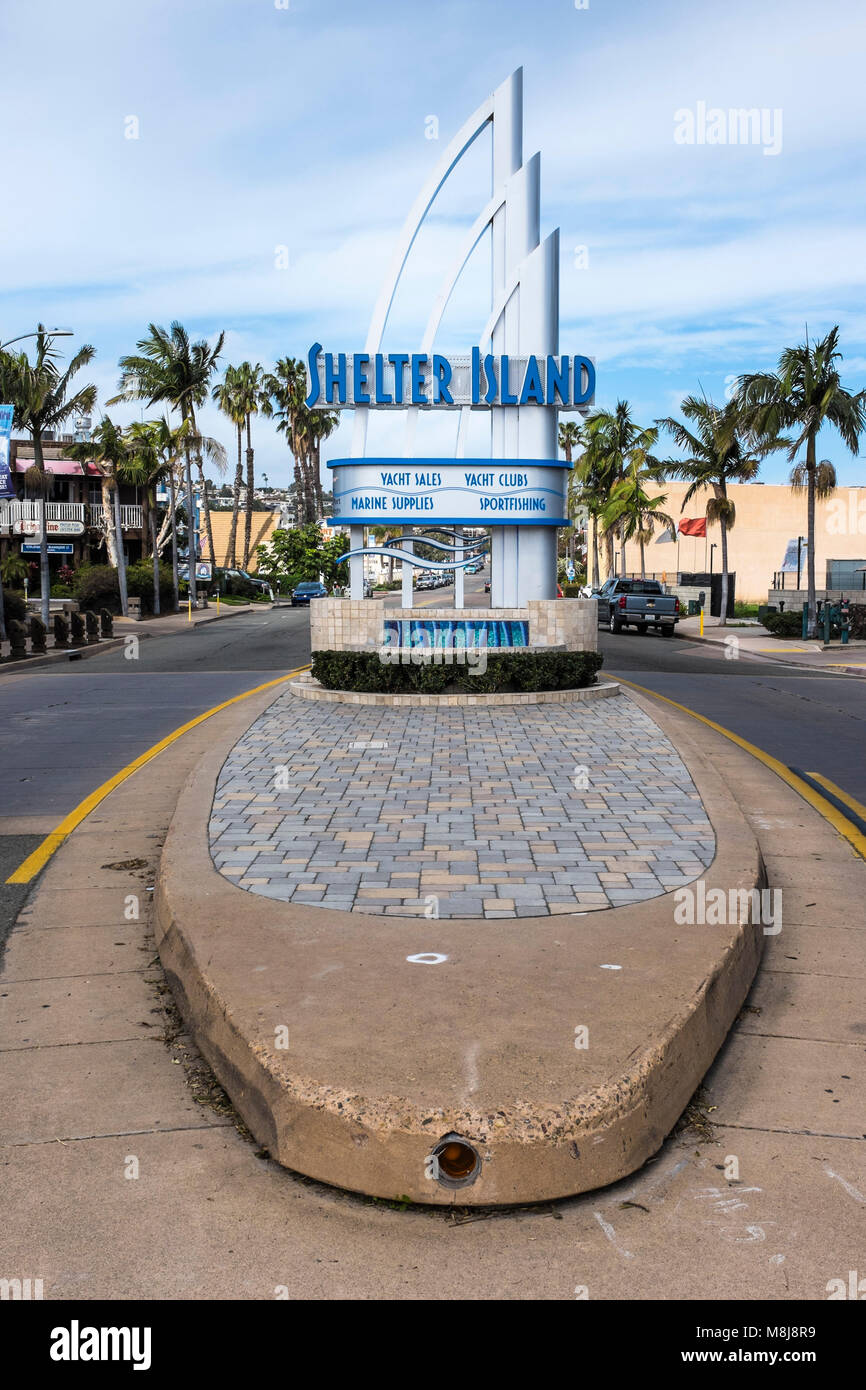 SAN DIEGO, CALIFORNIA, USA - Entrance sign to Shelter Island, a neighbourhood of Point Loma, on the waterfront on San Diego Bay. Popular tourist area. Stock Photo