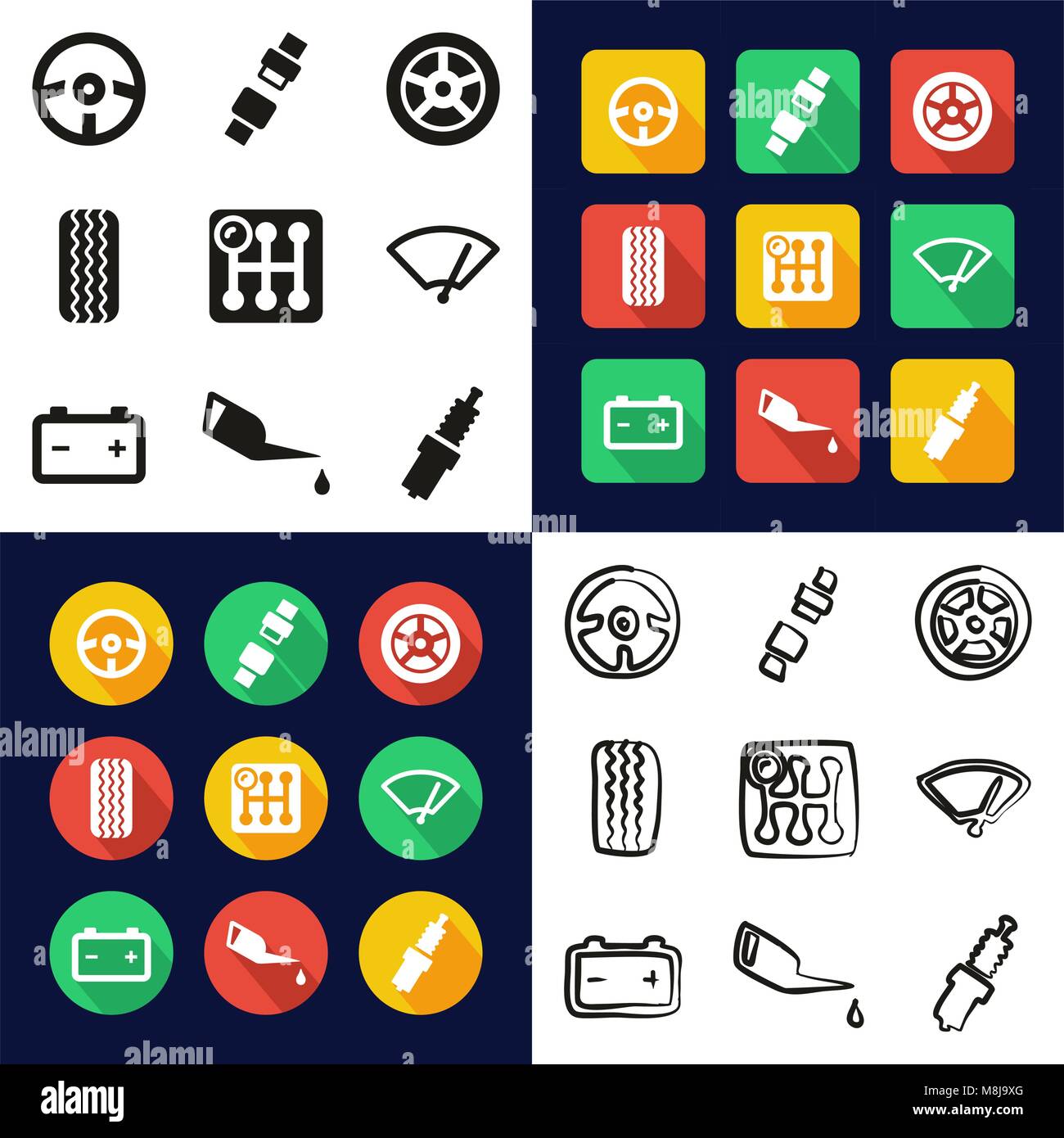 Car All in One Icons Black & White Color Flat Design Freehand Set Stock ...