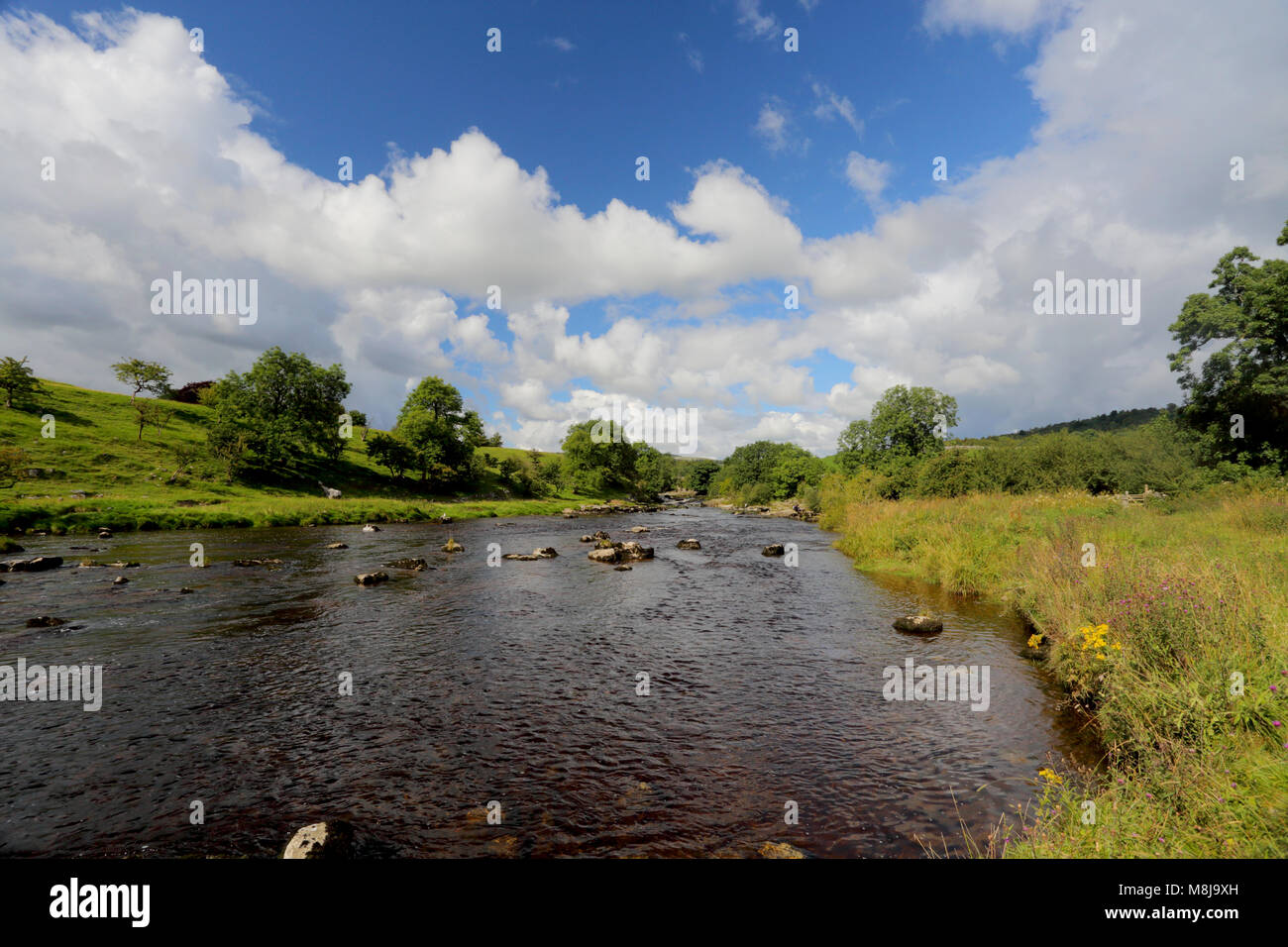 The beautiful River Wharfe in Wharfedale near Grassington, North Yorkshire, Yorkshire Dales National Park, England, on a sunny early autumn day Stock Photo