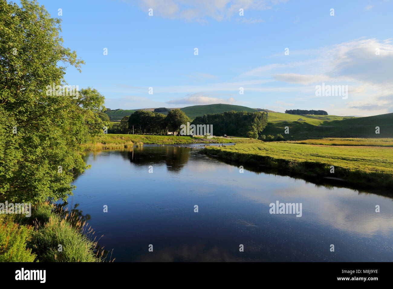 The beautiful River Wharfe in Wharfedale, just downstream of Grassington, Yorkshire Dales National Park, North Yorkshire, England, on a still day Stock Photo
