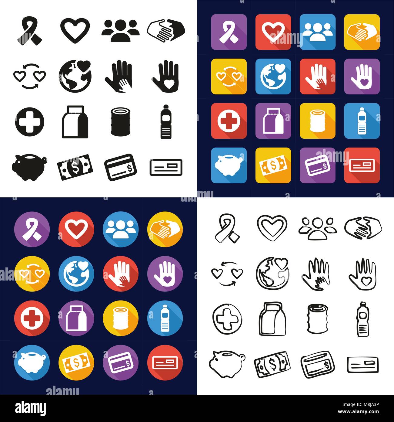 Charity All in One Icons Black & White Color Flat Design Freehand Set Stock Vector