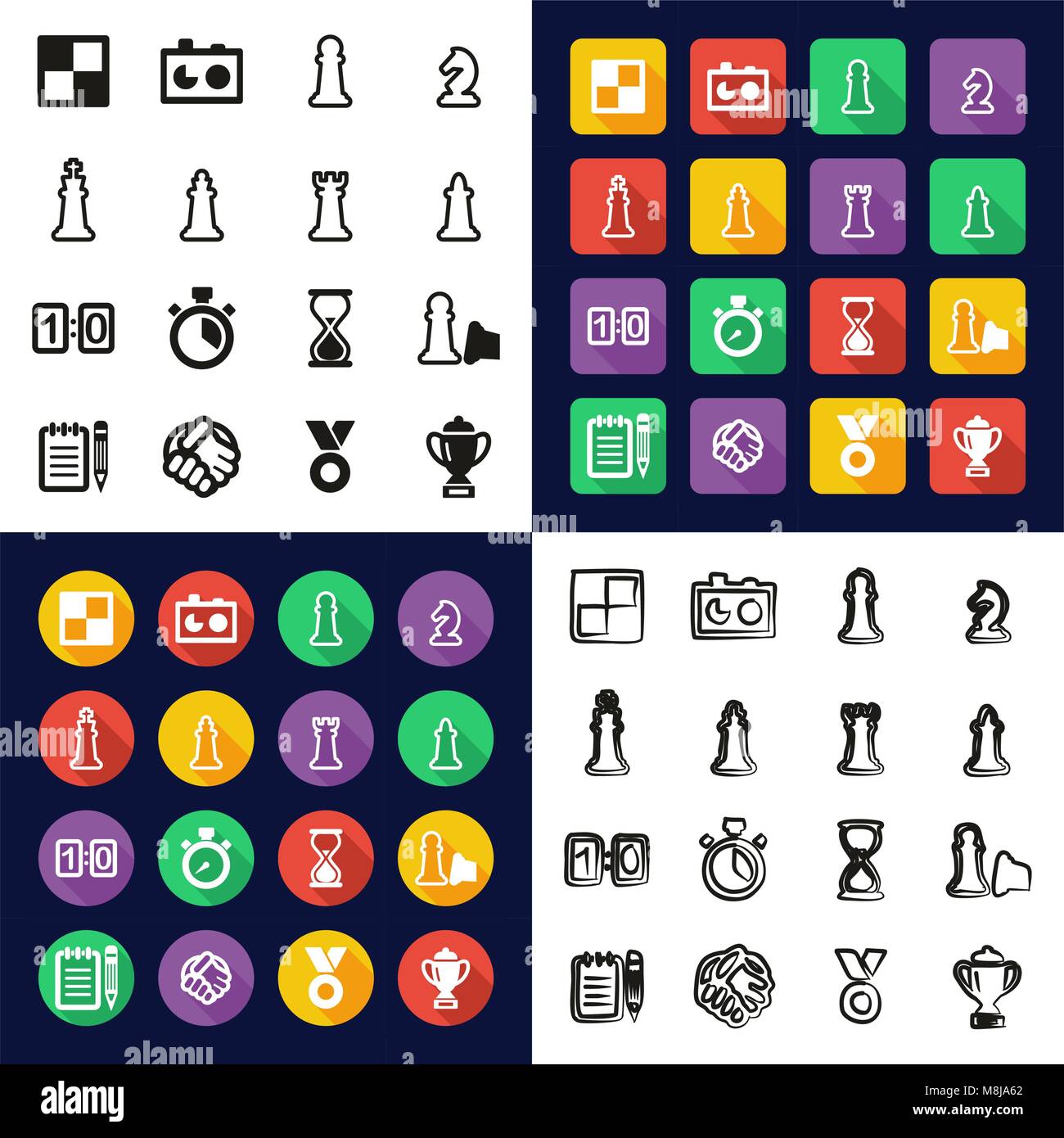 Chess All in One Icons Black & White Color Flat Design Freehand Set ...
