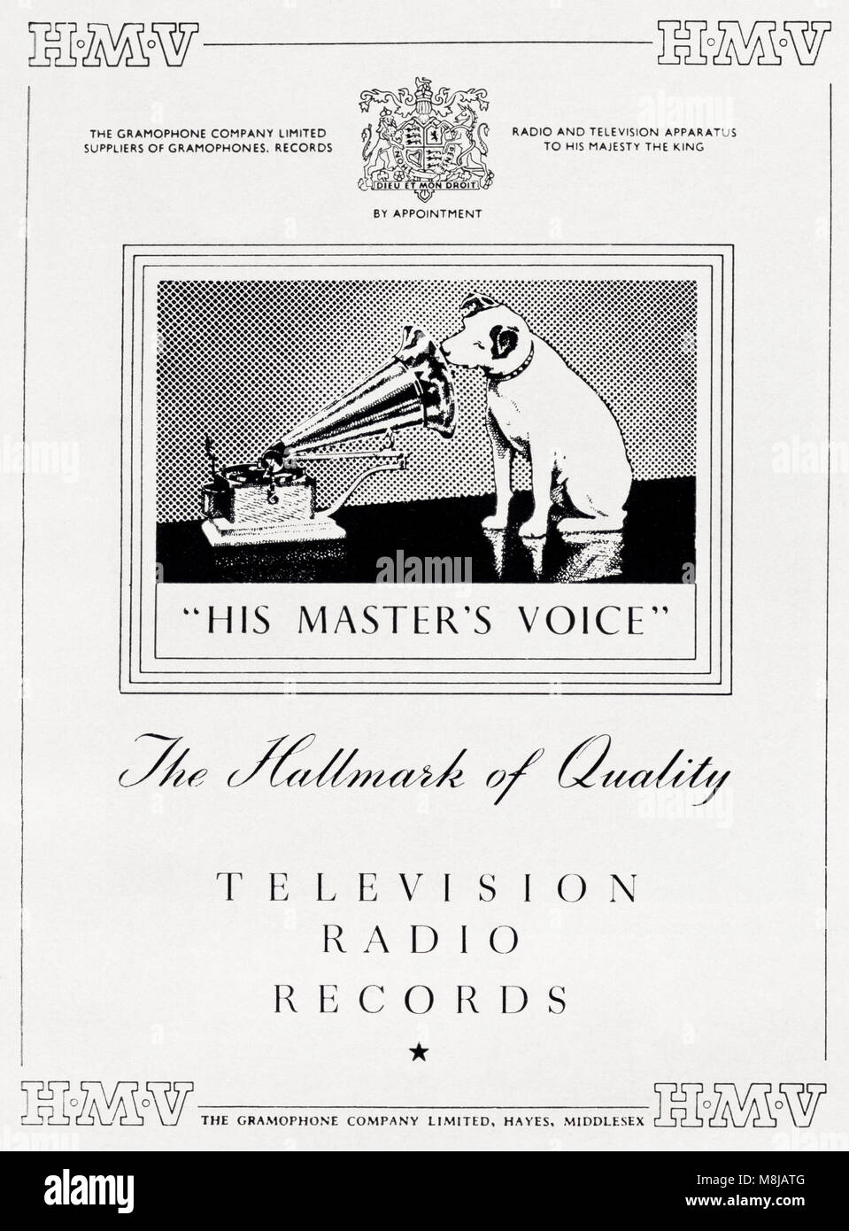 1950s original old vintage advertisement advertising HMV televisions radios & records by Royal Appointment of Hayes Middlesex England UK in English magazine circa 1950 Stock Photo