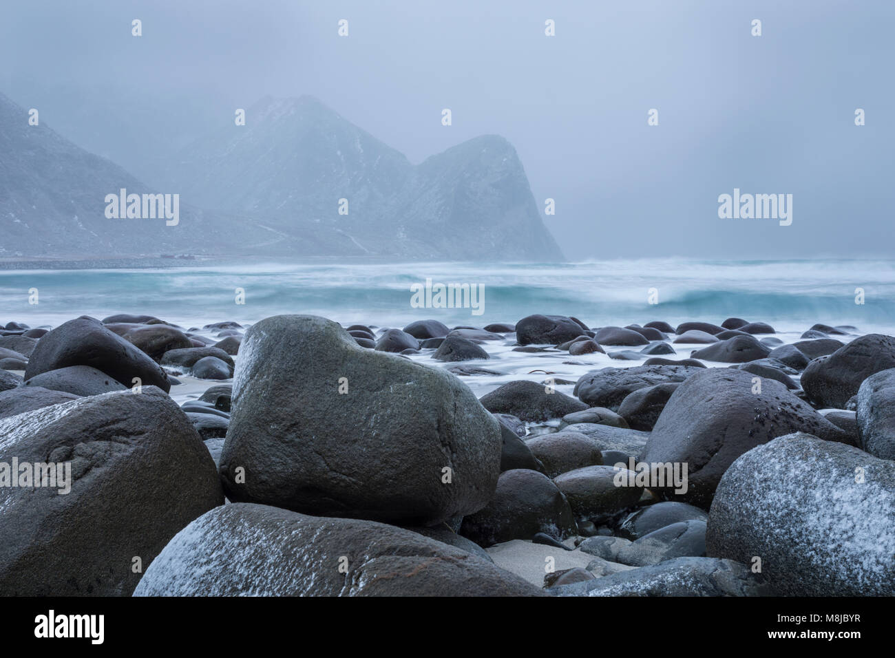 The rocky Beach of Unstad, Lofoten, Norway Stock Photo