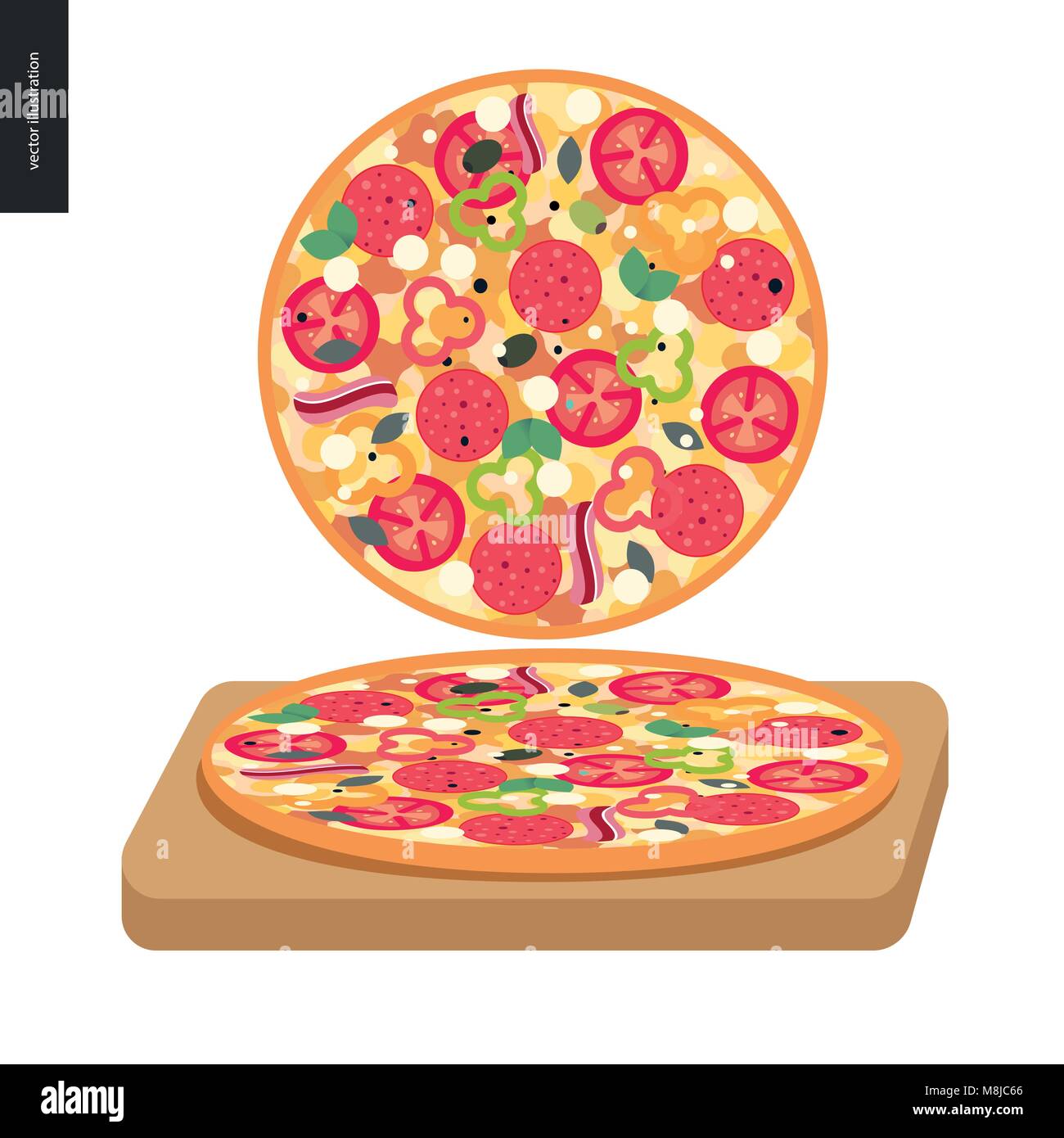 Italian restaurant set pizza top view and pizza on a board Stock