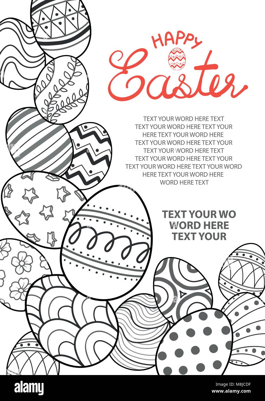 Easter eggs in black outline spread in the left and bottom of picture with space for text on white background. Poster or card design for Easter festiv Stock Vector