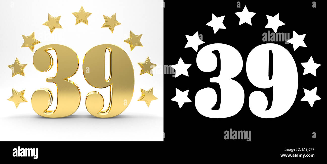 Golden number thirty nine on white background with drop shadow and alpha channel , decorated with a circle of stars. 3D illustration Stock Photo
