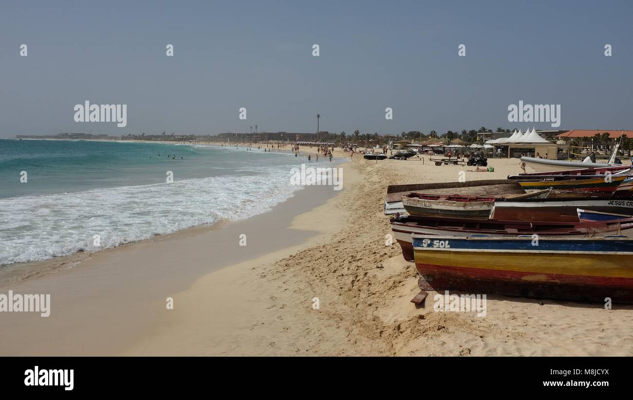 Beach on a sunny day, at Santa Maria, Sal Island, Cape Verde, including ...