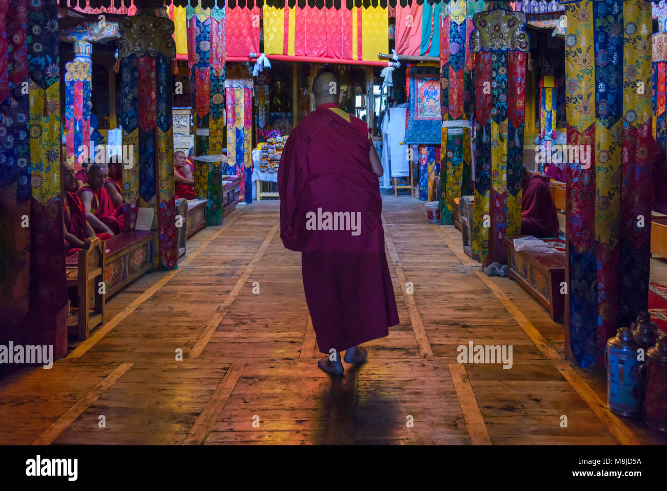 Samstanling Monastery, India - August 20, 2015: A monk enter in the prayer hall for morning puja. A puja is a prayer ritual performed by buddhist Stock Photo