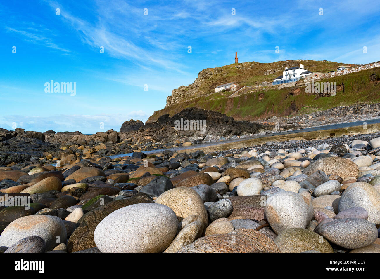 the headland promontory of cape cornwall viewed from priests cove near st.just, penwith, cornwall, england, britain, uk. Stock Photo
