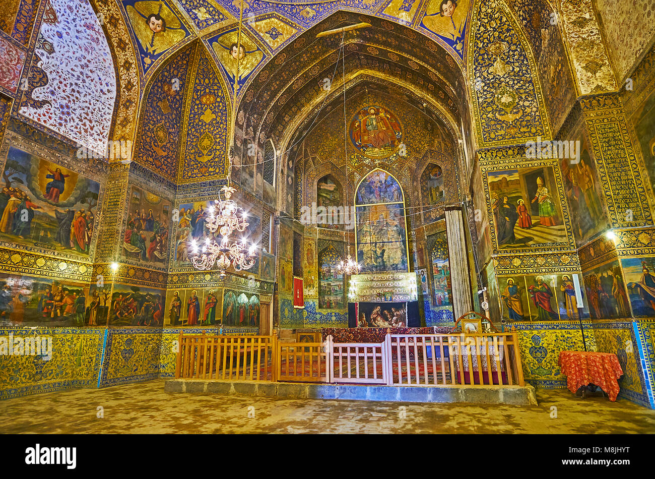 ISFAHAN, IRAN - OCTOBER 20,2017: The  beautiful altar of Armenian Orthodox Bethlehem Church in New Julfa with fine patterns and masterpiece icons, on  Stock Photo