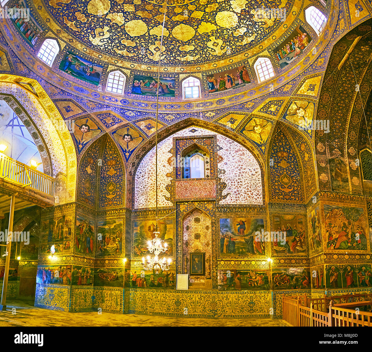 ISFAHAN, IRAN - OCTOBER 20,2017: The  richly decorated prayer hall of Armenian Orthodox Bethlehem Church in New Julfa, walls and dome are covered with Stock Photo