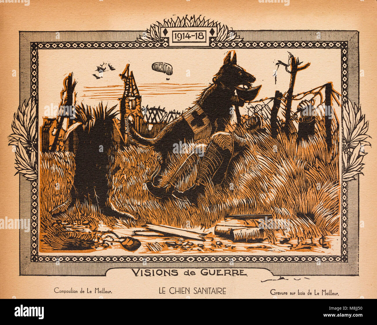 Wood engraving of WW1 depicting 'First Aid Dog', originally published in 1920 in French book 'La guerre racontée par nos généraux' (The War Recounted by Our Generals) by FAYOLLE (Maréchal) et DUBAIL (Général). Stock Photo