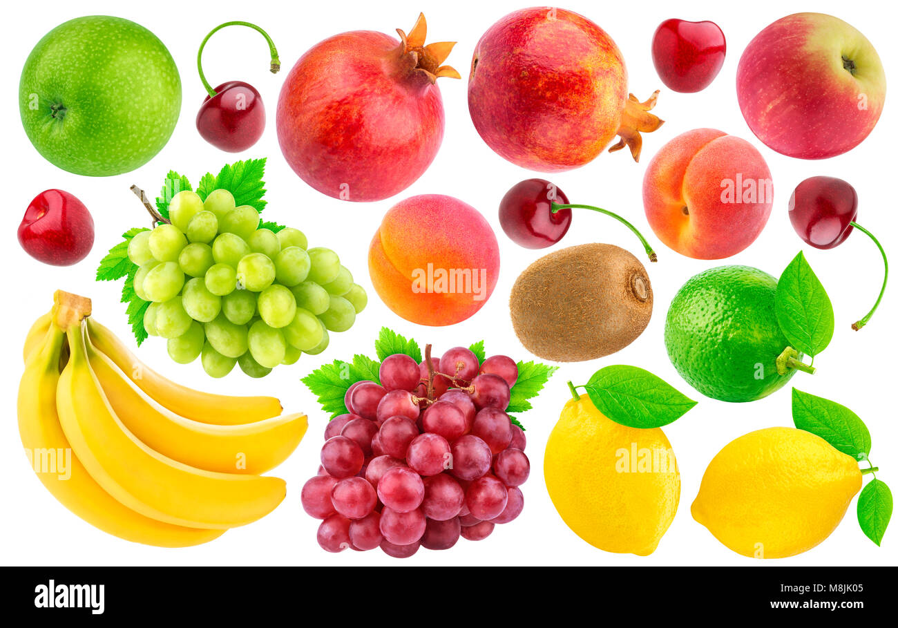 Collection of different fruits and berries isolated on white background with clipping path Stock Photo