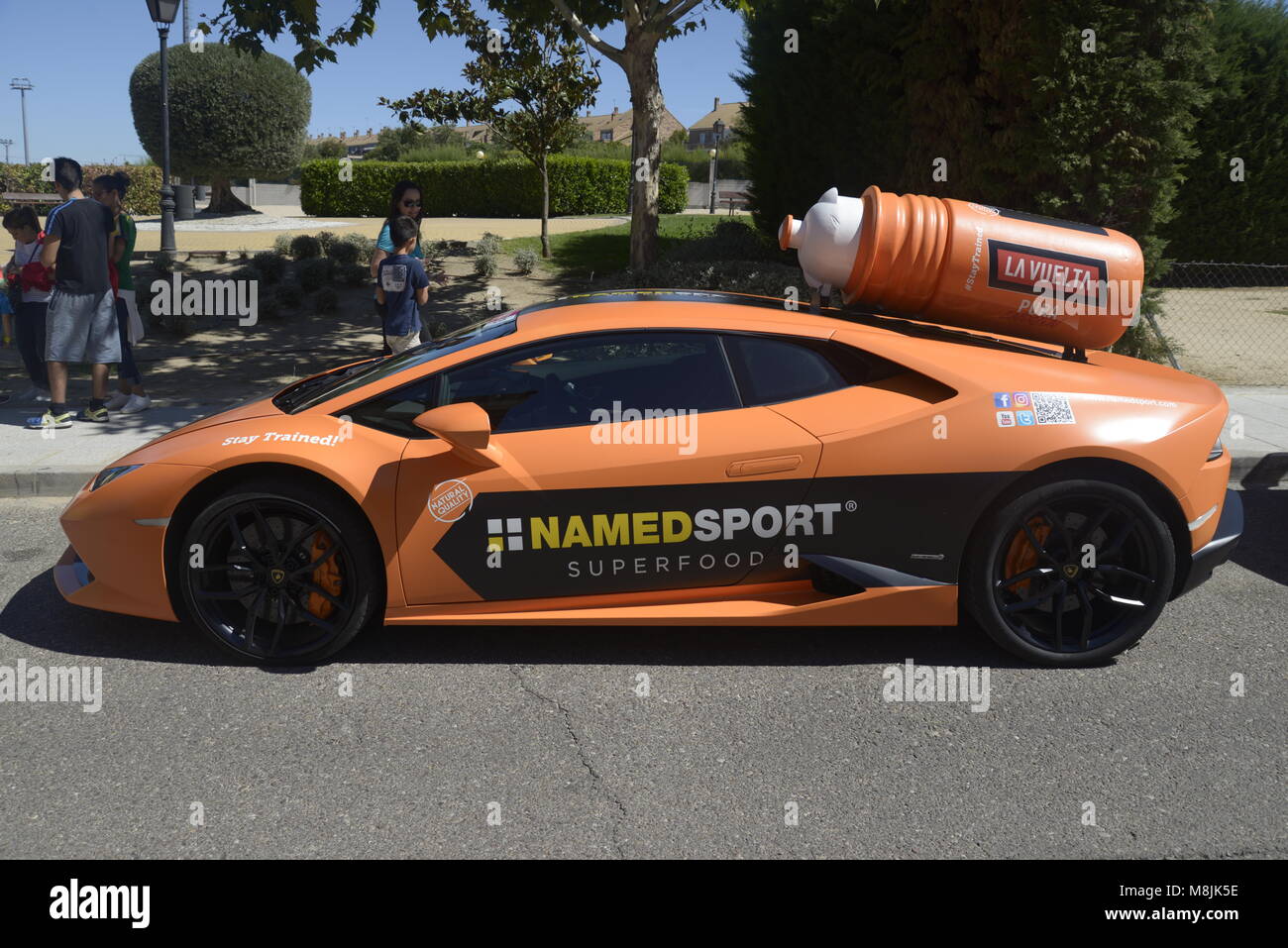 Namedsport Lamborghini Huracan sports car used for  advertising of trademark sports drink in La Vuelta a España, the grand Spanish cycling tour. Stock Photo