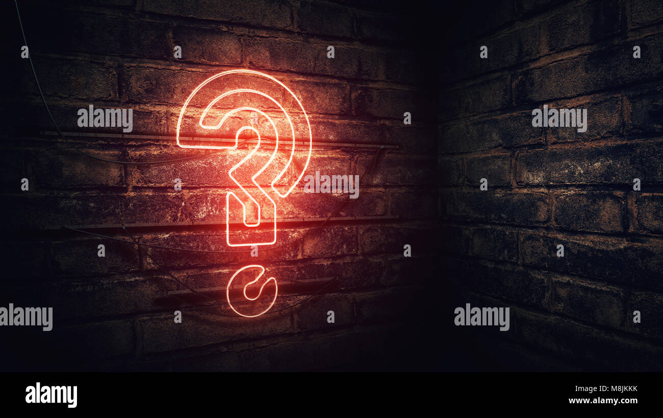 Question mark neon sign on brick wall, conceptual 3d rendering illustration for test, exam and looking for answers perplexed situation. Stock Photo