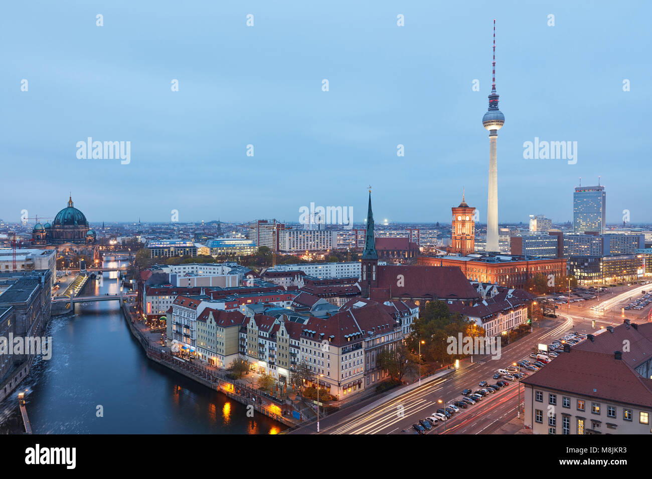 Berlin City skyline in the evening with TV tower and the Red City Hall