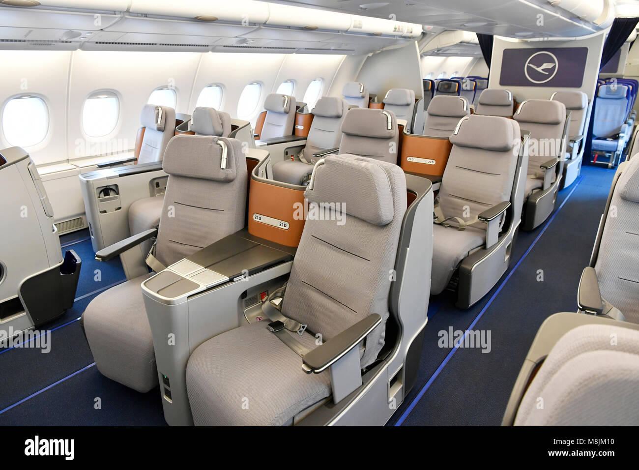 Displays, Seats, , Lufthansa, Airbus A380-800, Emergency exit, Sleep, seat, modern, Business Class, Upper Deck, Space, Passenger, Pax, Aisle, Table, Stock Photo