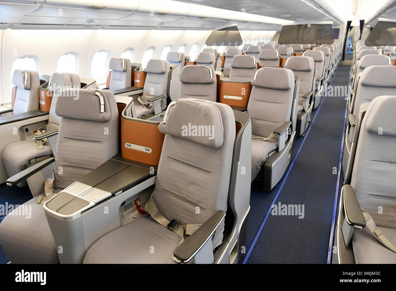 Displays, Seats, , Lufthansa, Airbus A380-800, Emergency exit, Sleep, seat, modern, Business Class, Upper Deck, Space, Passenger, Pax, Aisle, Table, Stock Photo