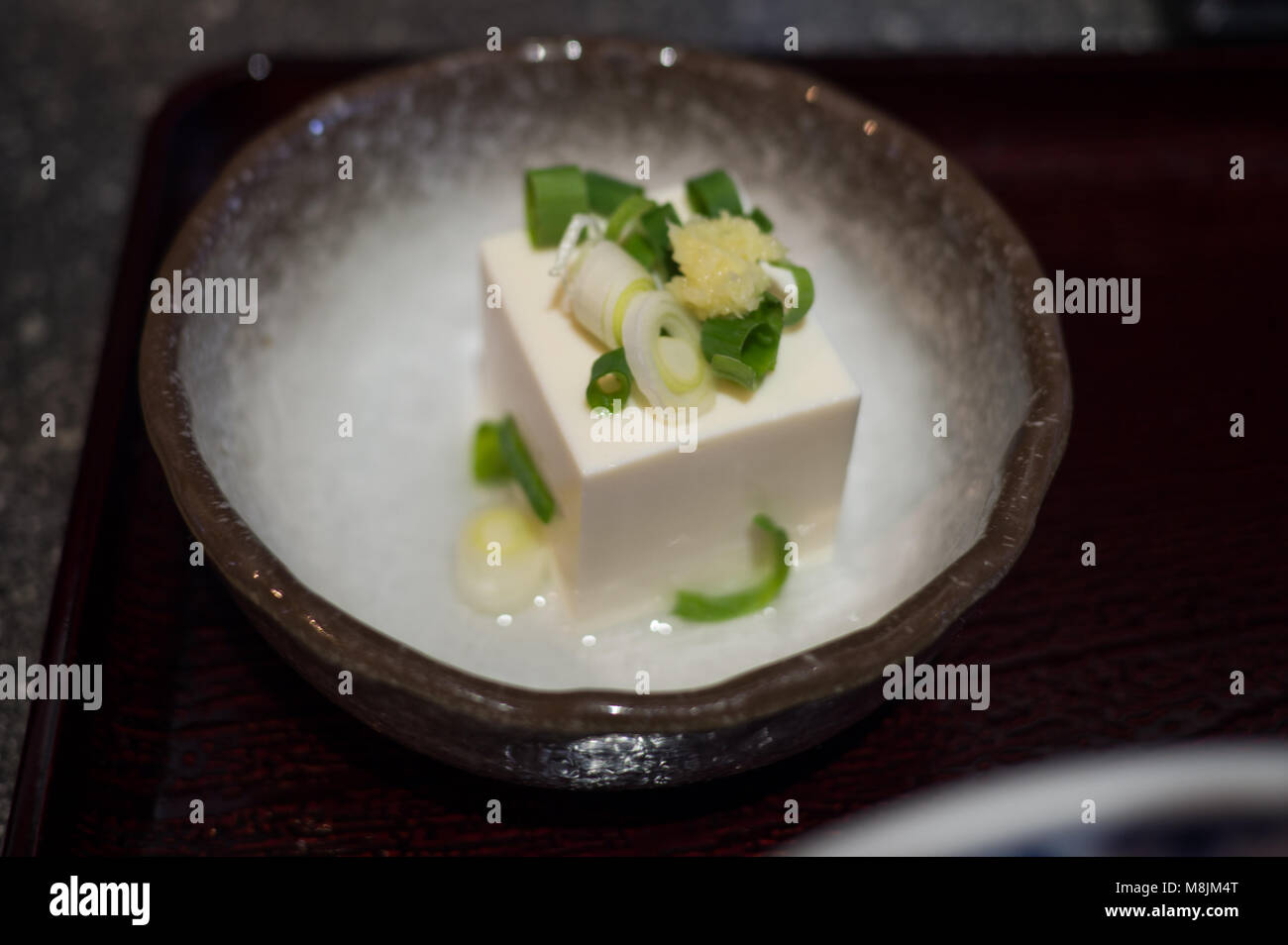Cold tofu with spring onion garnished on top Stock Photo
