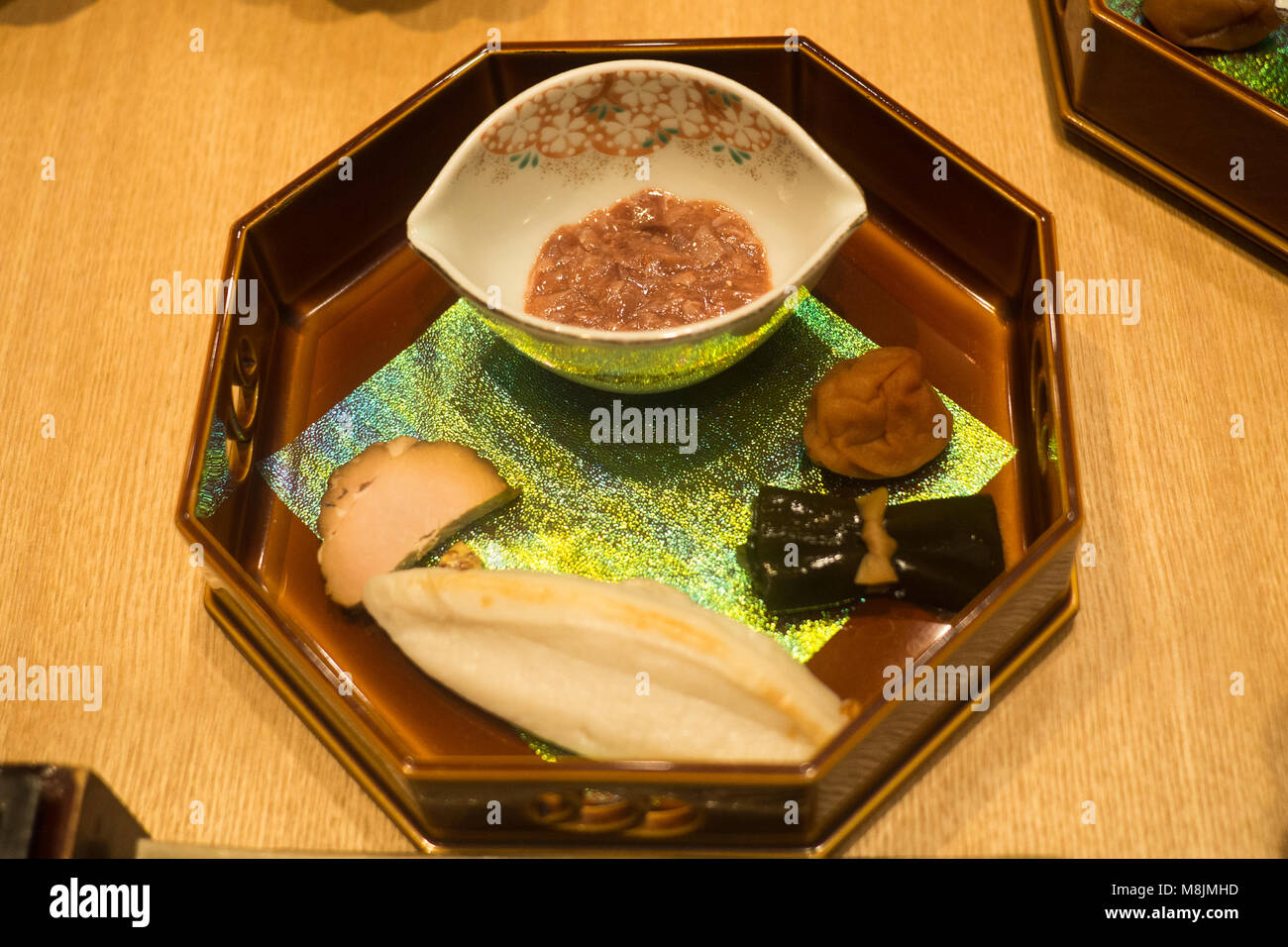 Assortment of things served as an entree in a kaiseki dinner Stock Photo