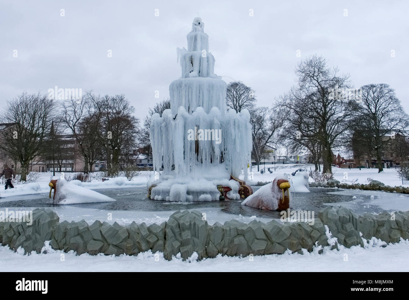 Frozen fountain at Fountain Park, Paisley, Scotland during ‘Beast from