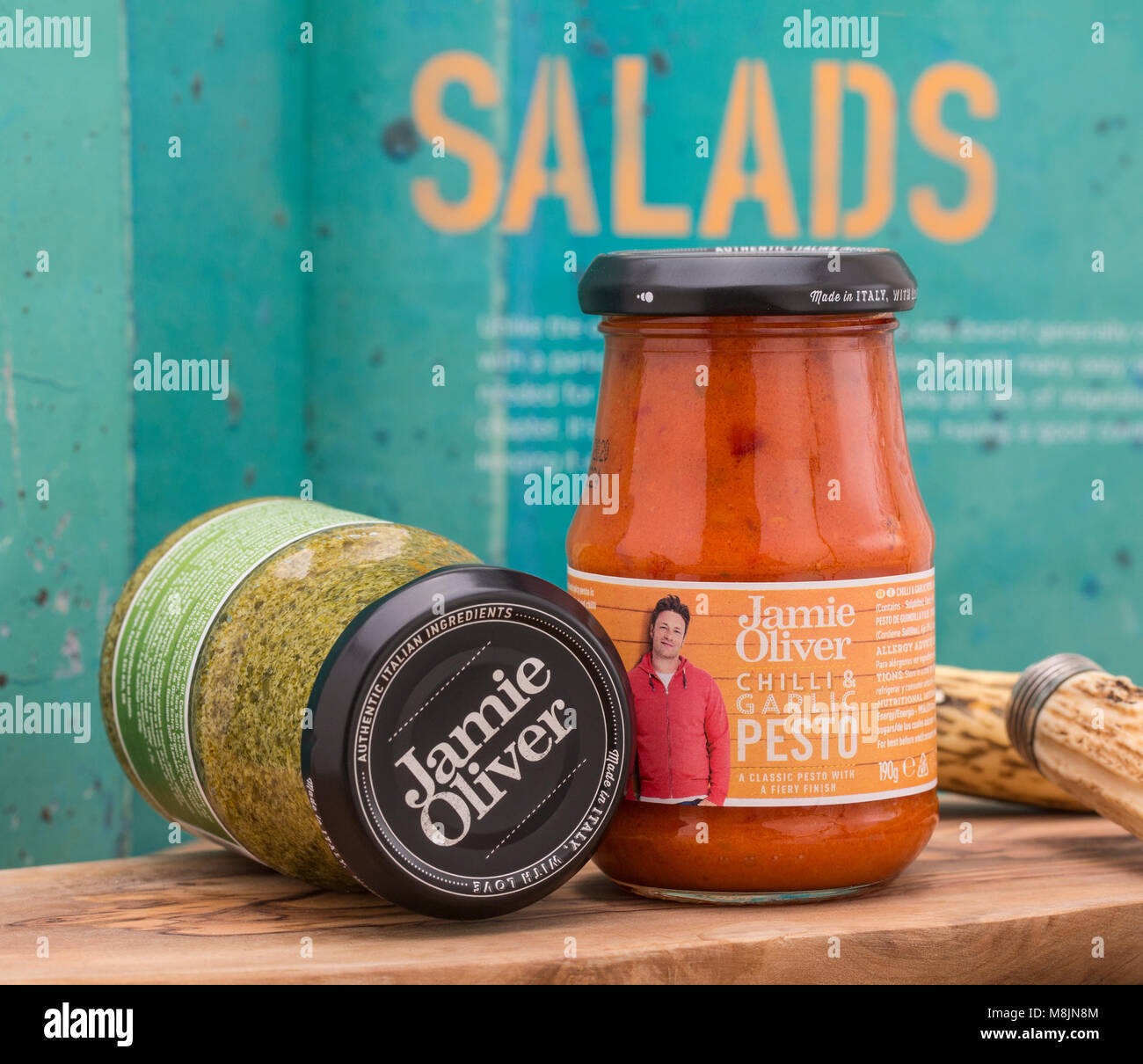 SWINDON, UK MARCH 18, 2018 Two Jars of Jamie Oliver Pesto, Authentic