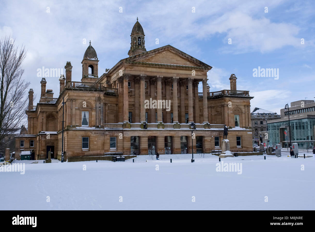 Paisley town hall in the snow of Beast from the East winter weather. Stock Photo