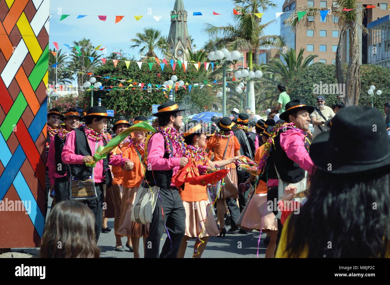 Bolivian dancers on Sun Festival in  Arica, Chile Stock Photo