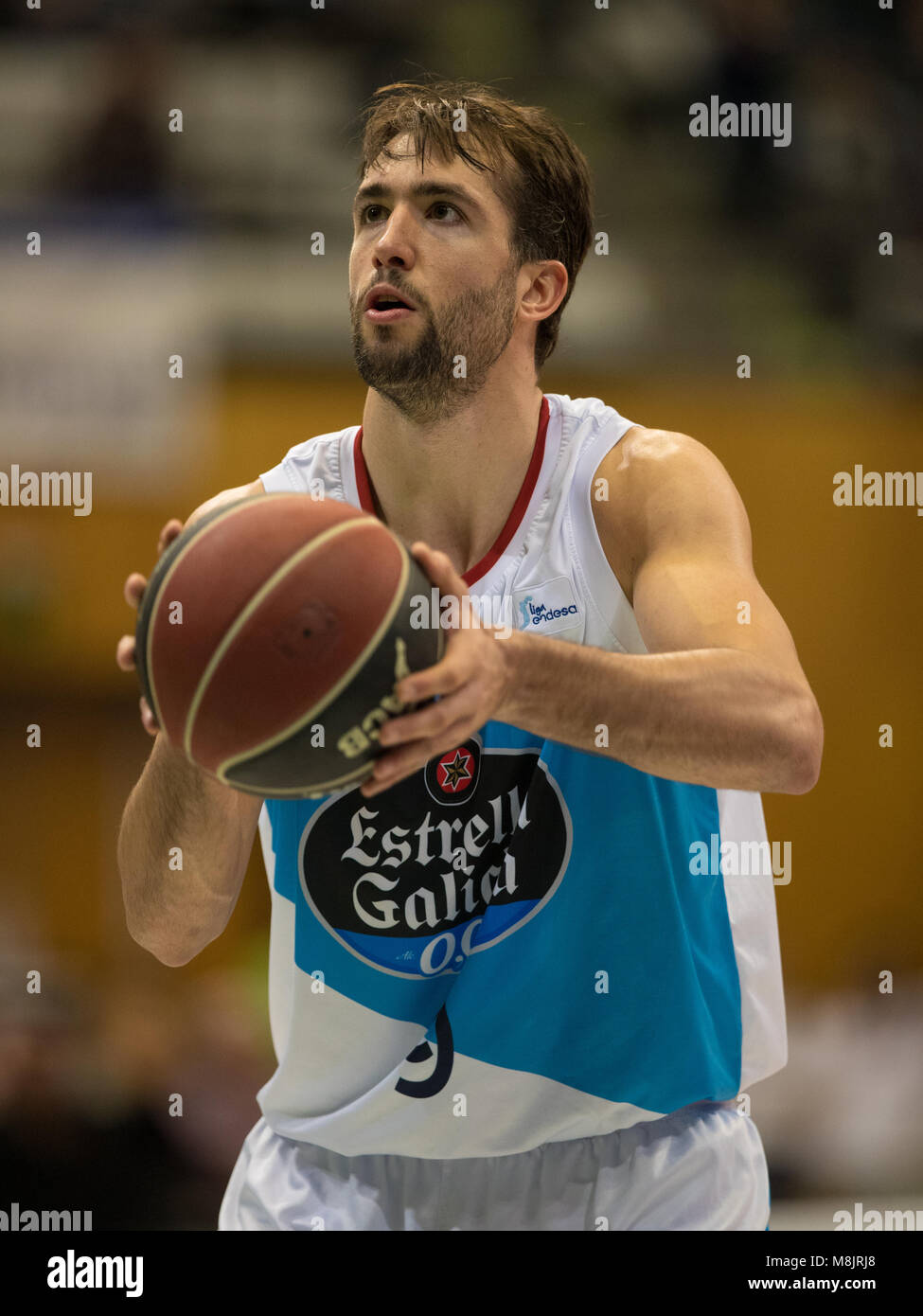 Badalona, Spain. 17th Mar, 2018. 17th March 2018; Nacho Llovet, #9 of Monbus Obradoiro in action during the 2017/2018 Liga ACB Endesa Round 23 game between Divina Joventut and Monbus Obradoiro at Pabellon Olimpico de Badalona on March 17, 2018 in Barcelona, Spain. Credit: Ukko Images/Pacific Press/Alamy Live News Stock Photo