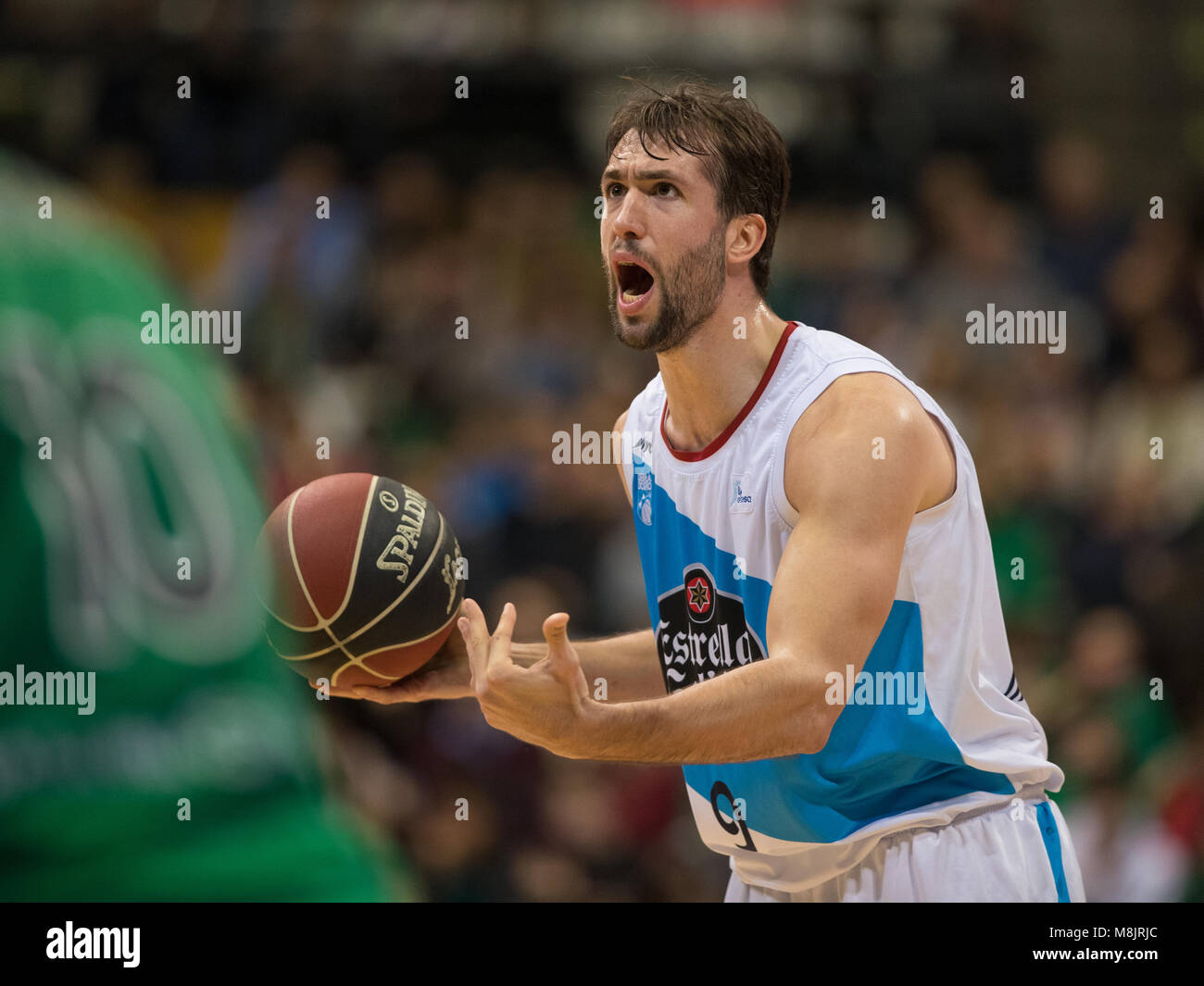Badalona, Spain. 17th Mar, 2018. 17th March 2018; Nacho Llovet, #9 of Monbus Obradoiro in action during the 2017/2018 Liga ACB Endesa Round 23 game between Divina Joventut and Monbus Obradoiro at Pabellon Olimpico de Badalona on March 17, 2018 in Barcelona, Spain. Credit: Ukko Images/Pacific Press/Alamy Live News Stock Photo