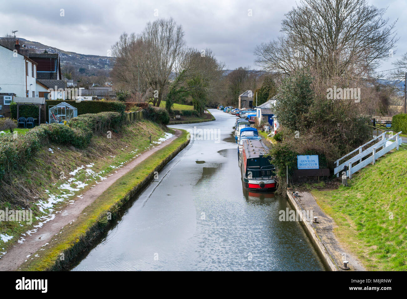 Govilon Wharf on the frozen Monmouthshire and Brecon canal just off the