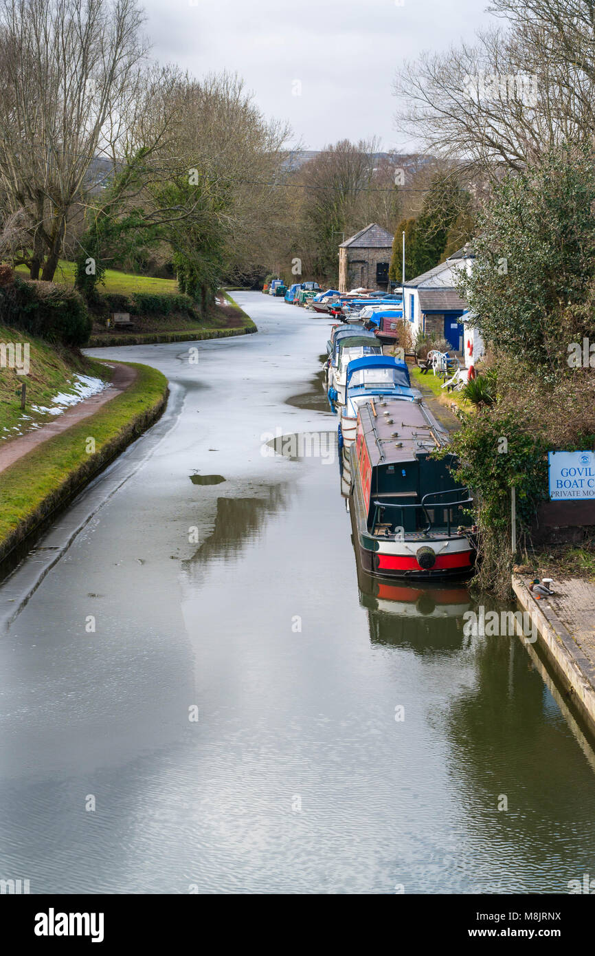 Govilon Wharf on the frozen Monmouthshire and Brecon canal just off the