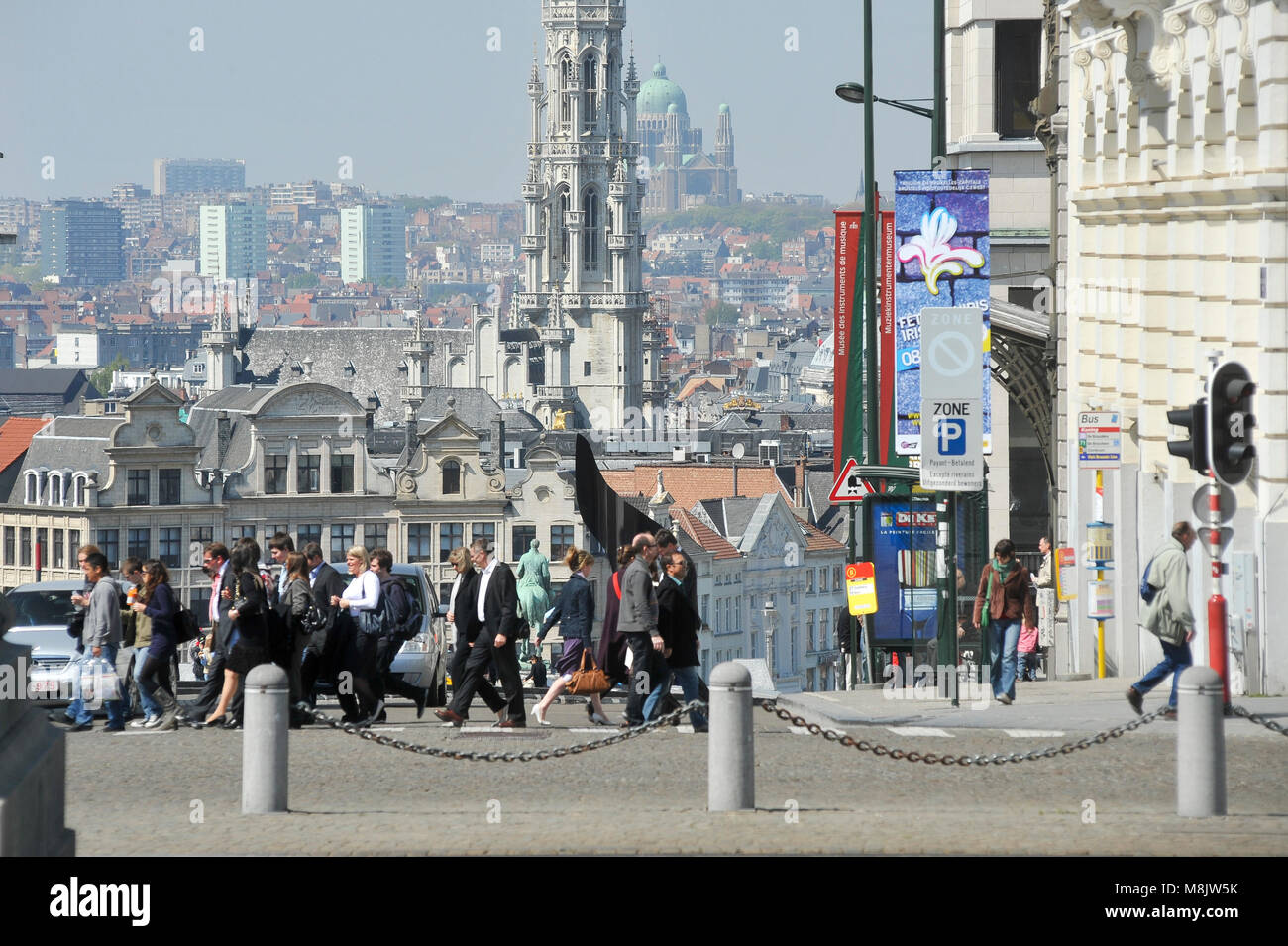 Montagne de la Cour / Coudenberg street, Brussels Town Hall tower and Art Deco Basilique Nationale du Sacre Coeur a Koekelberg / Nationale Basiliek va Stock Photo