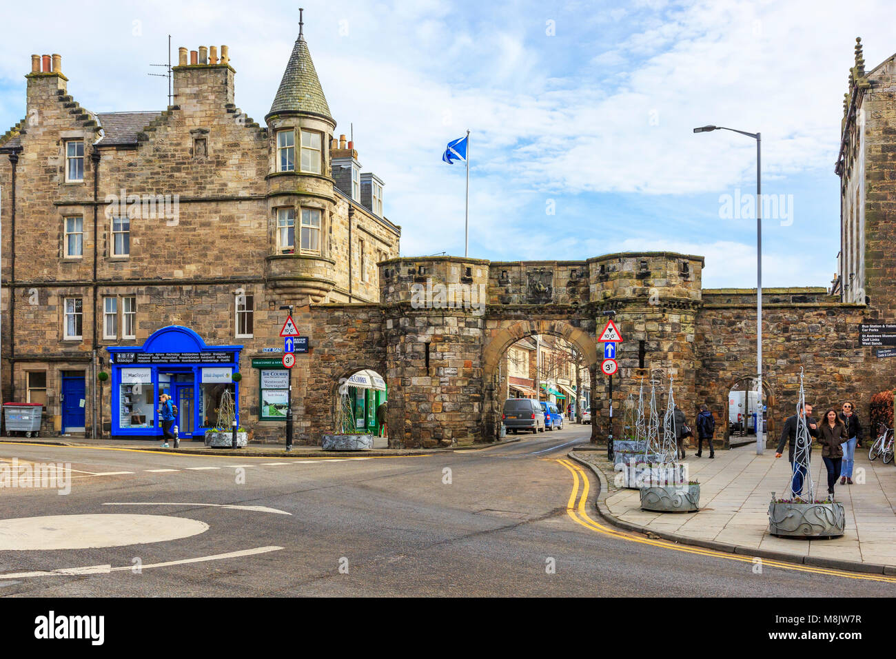 West Port entrance to the old town of St Andrews, through the historical city walls, St Andrews, Fife, Scotland Stock Photo