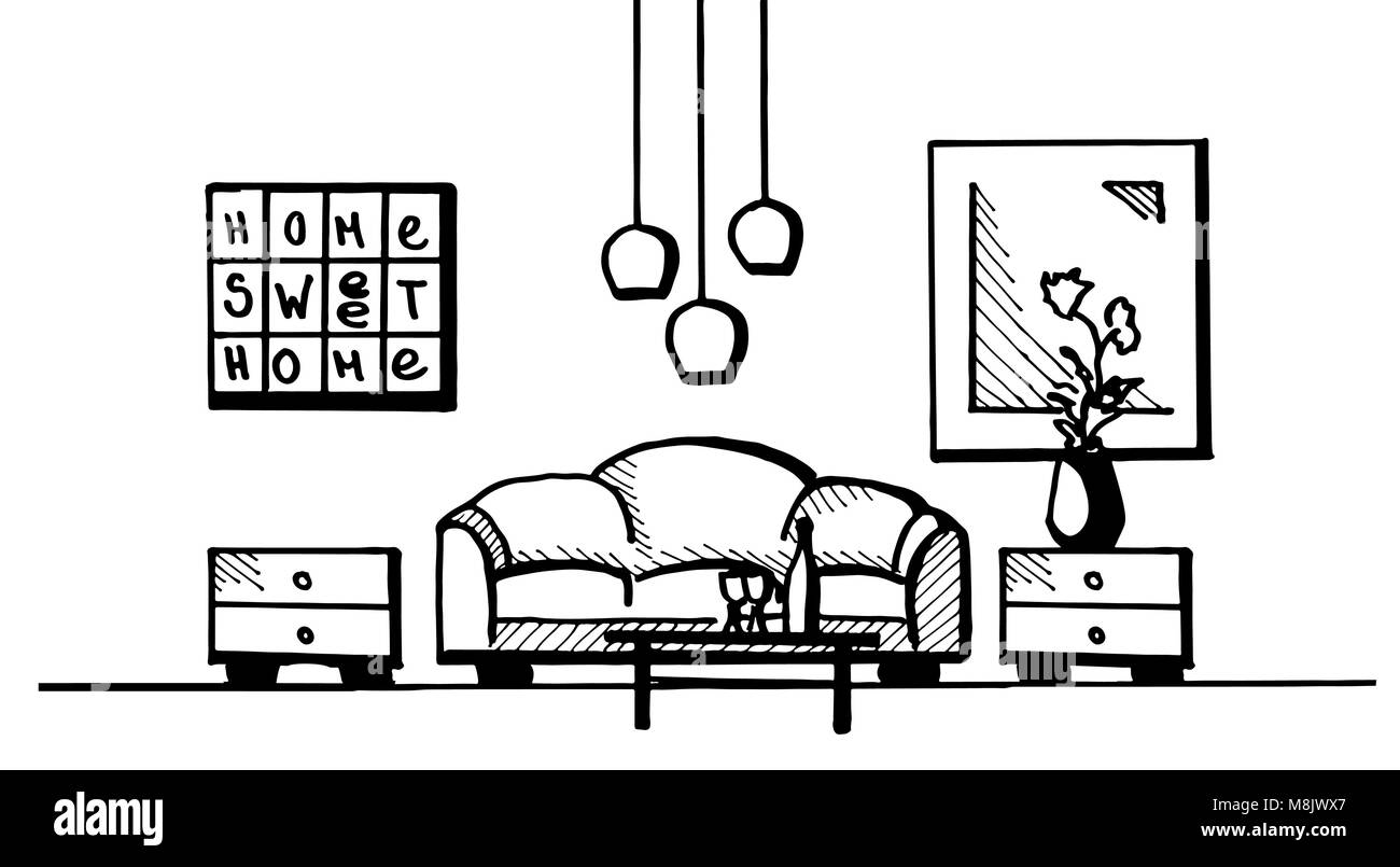 Hand drawn. Linear sketch of an interior. Room plan. Vector illustration. Stock Vector