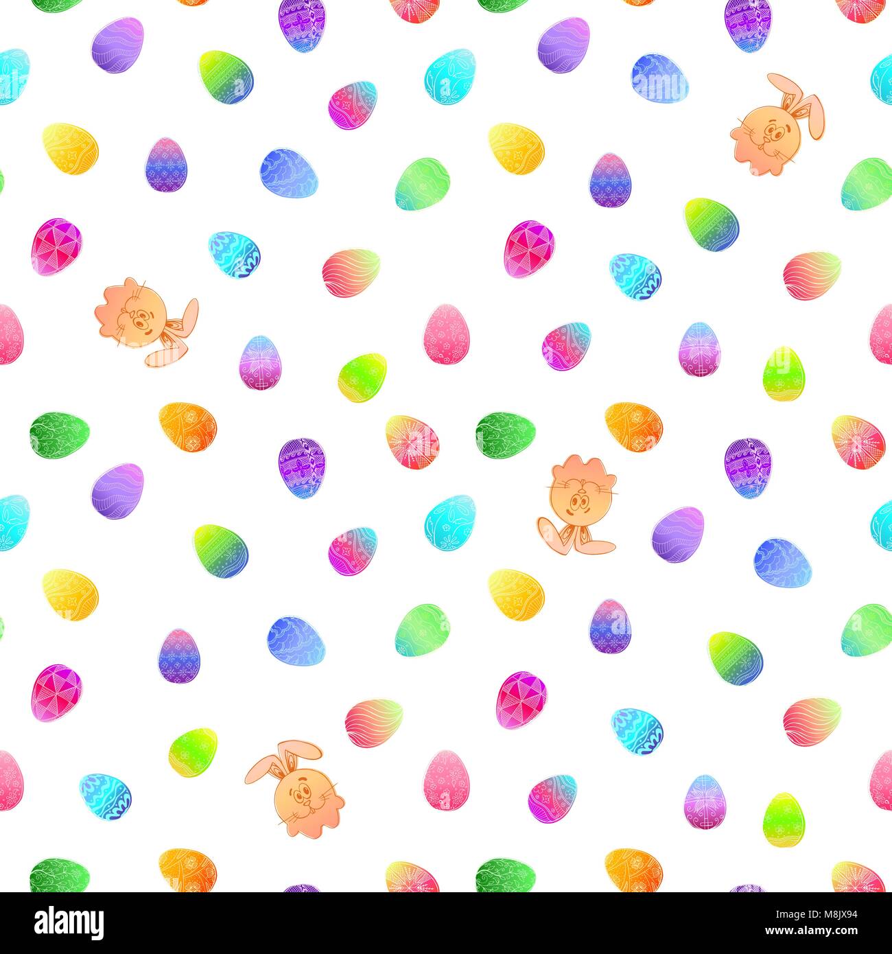 Seamless pattern with different Easter eggs and rabbit. Vector ...