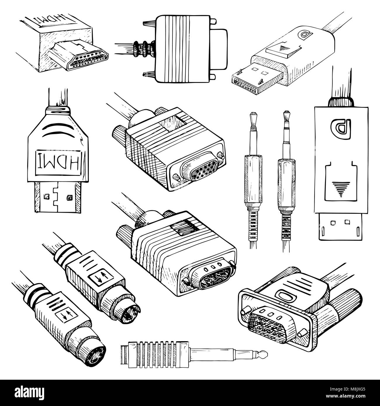 Media cables set: HDMI, VGA, DVI, DisplayPort, S-Video, Audio Jack in sketch style. Vector illustration Stock Vector