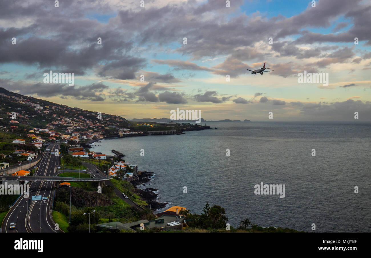 View on Funchal airport with landing plane Stock Photo