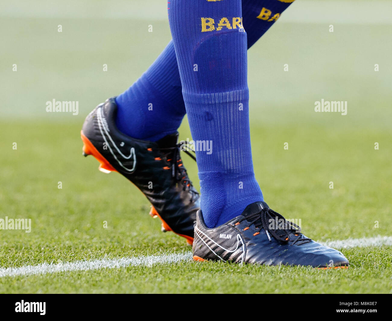 18th March 2018; Boots of Gerard Pique of FC Barcelona during the 2017/2018  LaLiga Santander Round 29 game between FC Barcelona and Athletic Bilbao at  Camp Nou on March 19, 2018 in