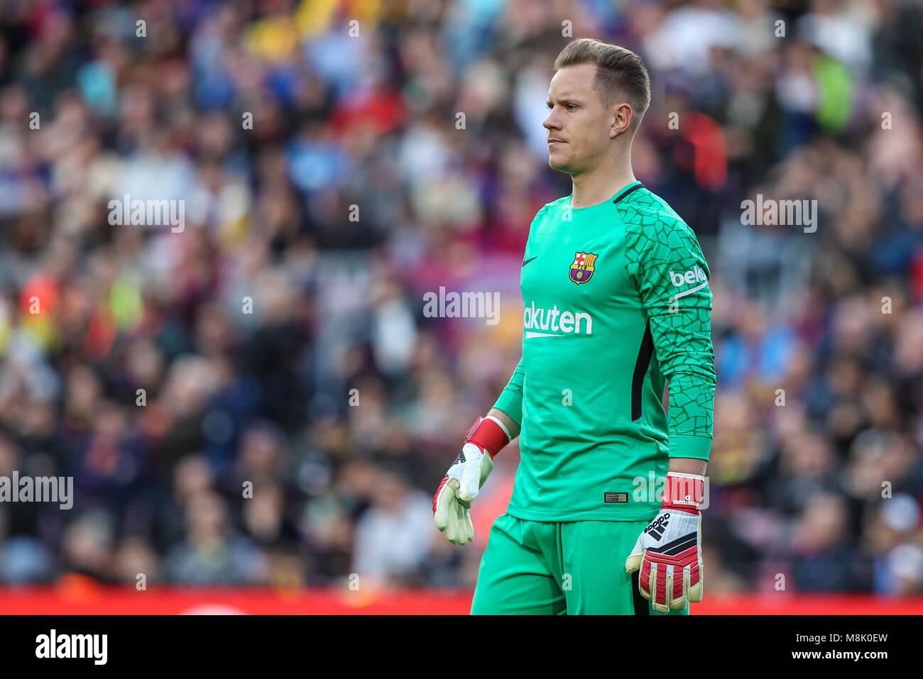 18th March 2018 Marc-Andre ter Stegen goalkeeper of FC Barcelona during the 2017/2018 LaLiga Santander Round 29 game between FC Barcelona and Athletic Bilbao at Camp Nou on March 19, 2018 in Barcelona, Spain. (Photo by Ukko Images / Pacific Press) Stock Photo