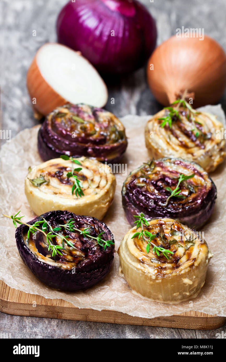 Delicious caramelized onions in balsamic vinegar with thyme Stock Photo