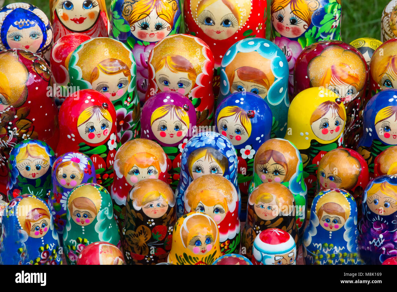 Many Russian matreshkas. The Russian national doll is a souvenir of nesting dolls Stock Photo