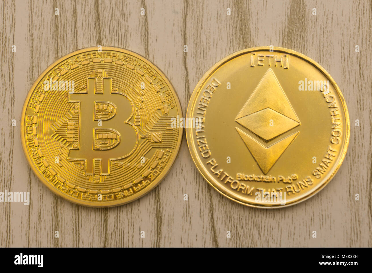 horizontal top view closeup of ethereum litecoin and bitcoin stack of  golden coins background texture exchange concept Stock Photo - Alamy