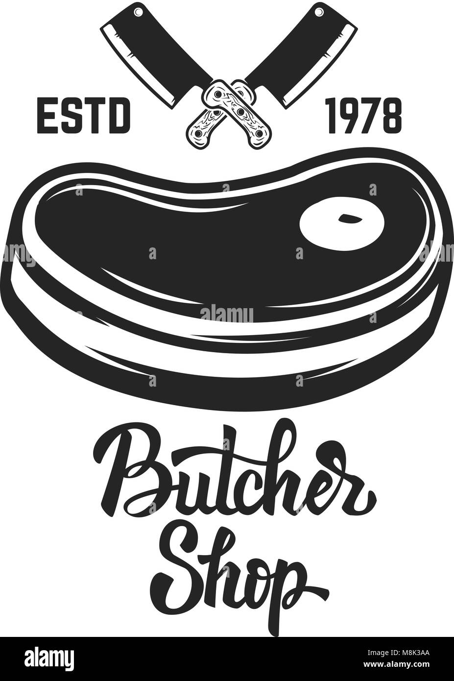 Butcher shop. Cutted meat and crossed meat cleavers. Design element for logo, label, emblem
